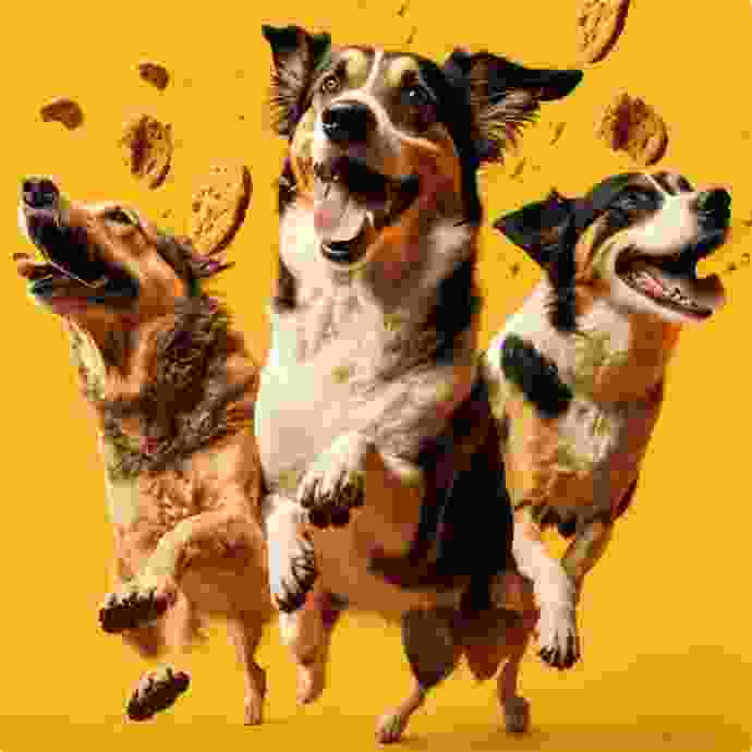 dogs is jumping in the air and biscuits