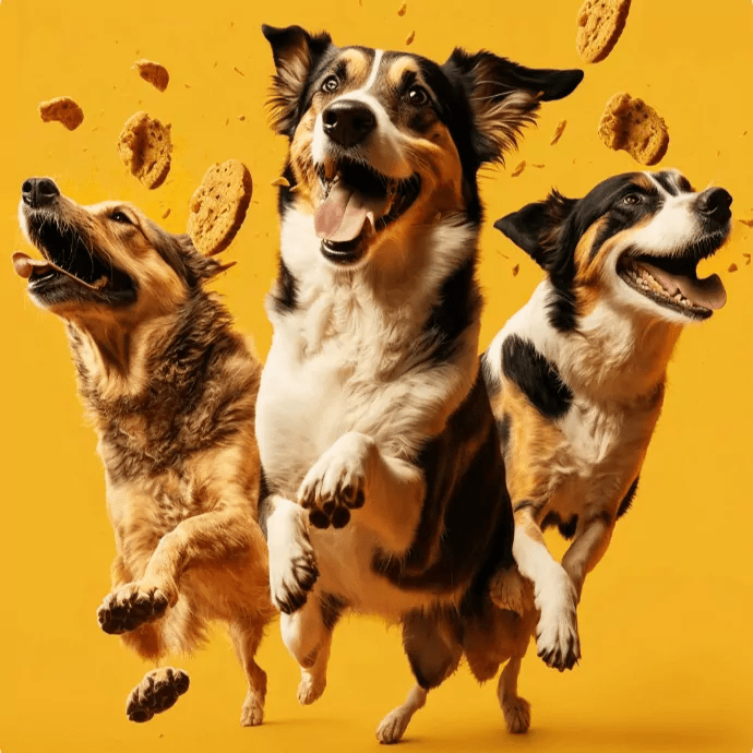 dogs is jumping in the air and biscuits