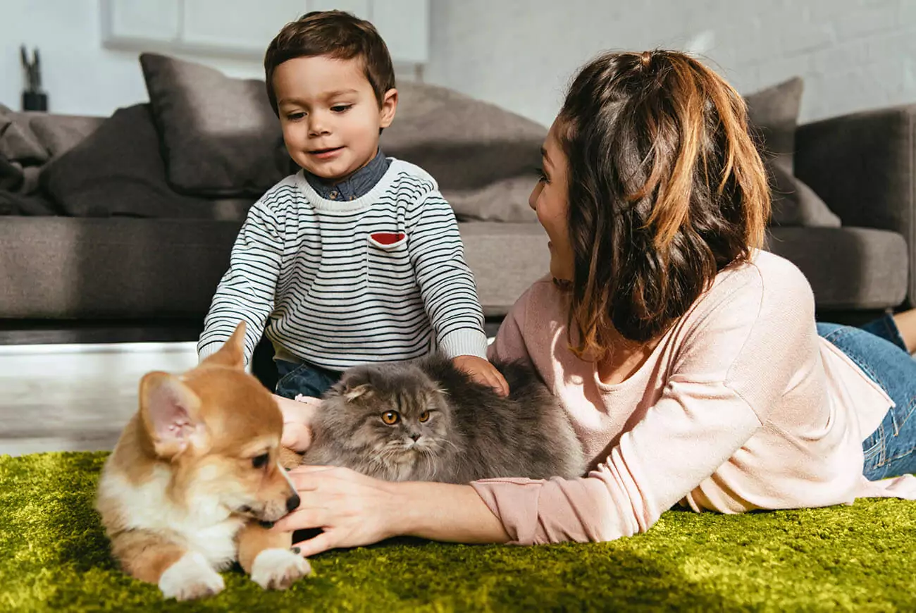 mother and son laying on floor with dog and cat in living room at home